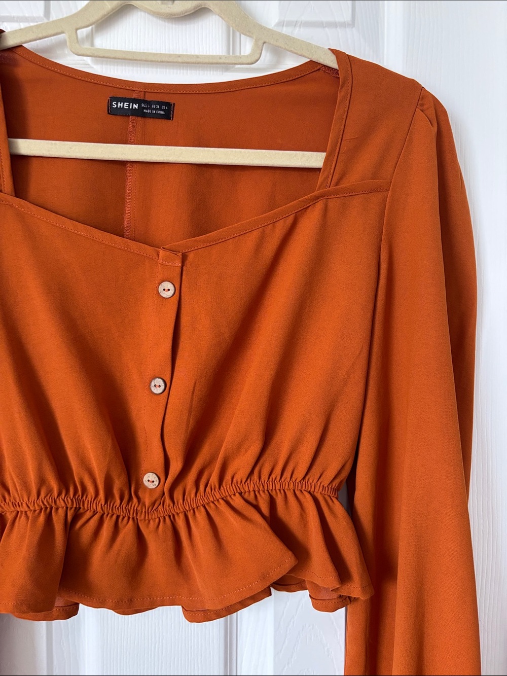 SHEIN Rust Orange Square Neck Peplum Button-Front Blouse - Picture 3 of 4